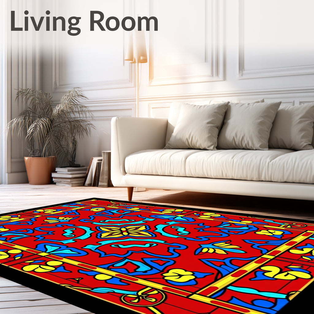 Bold Red Blue Yellow Floral Stained Glass Rug