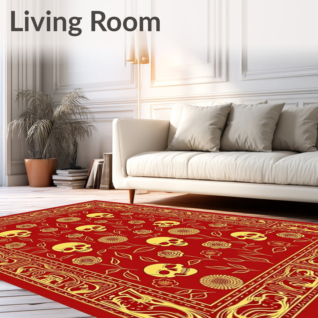 Red Gold Skull Floral Pattern Rug
