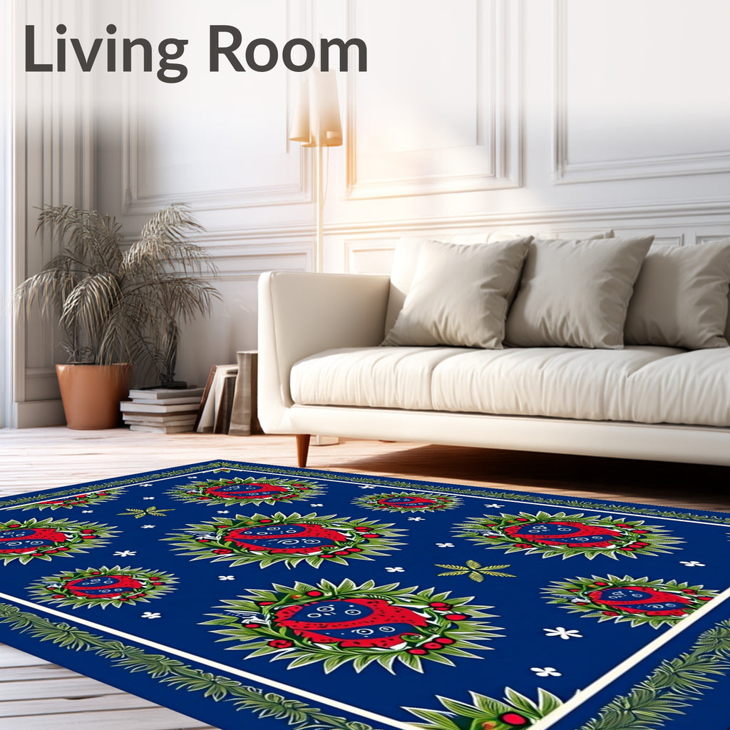 Deep Blue Red Green Floral Wreath Rug