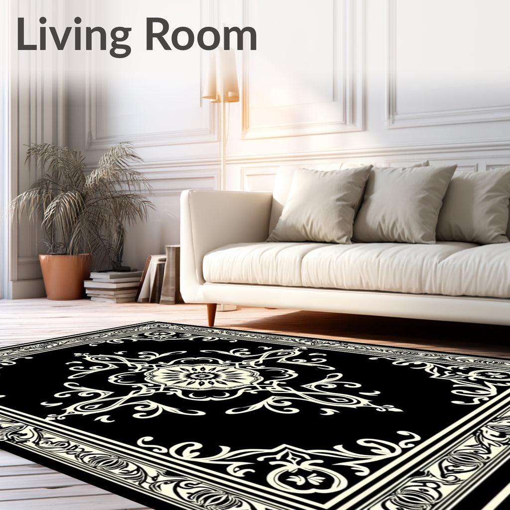 Black Cream Intricate Floral Medallion Rug