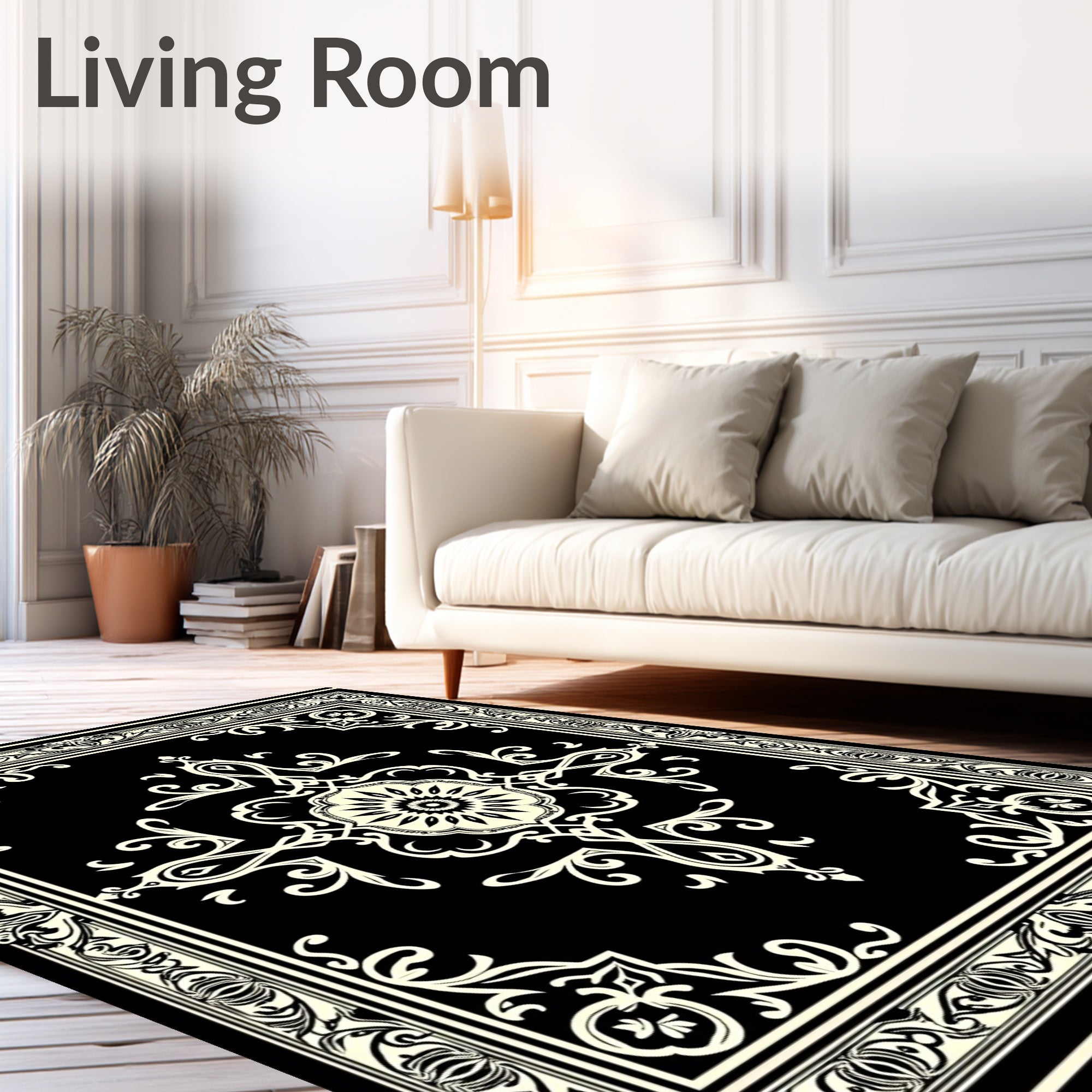 Black Cream Intricate Floral Medallion Rug