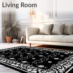 Black White Floral Scrolls Pattern Rug