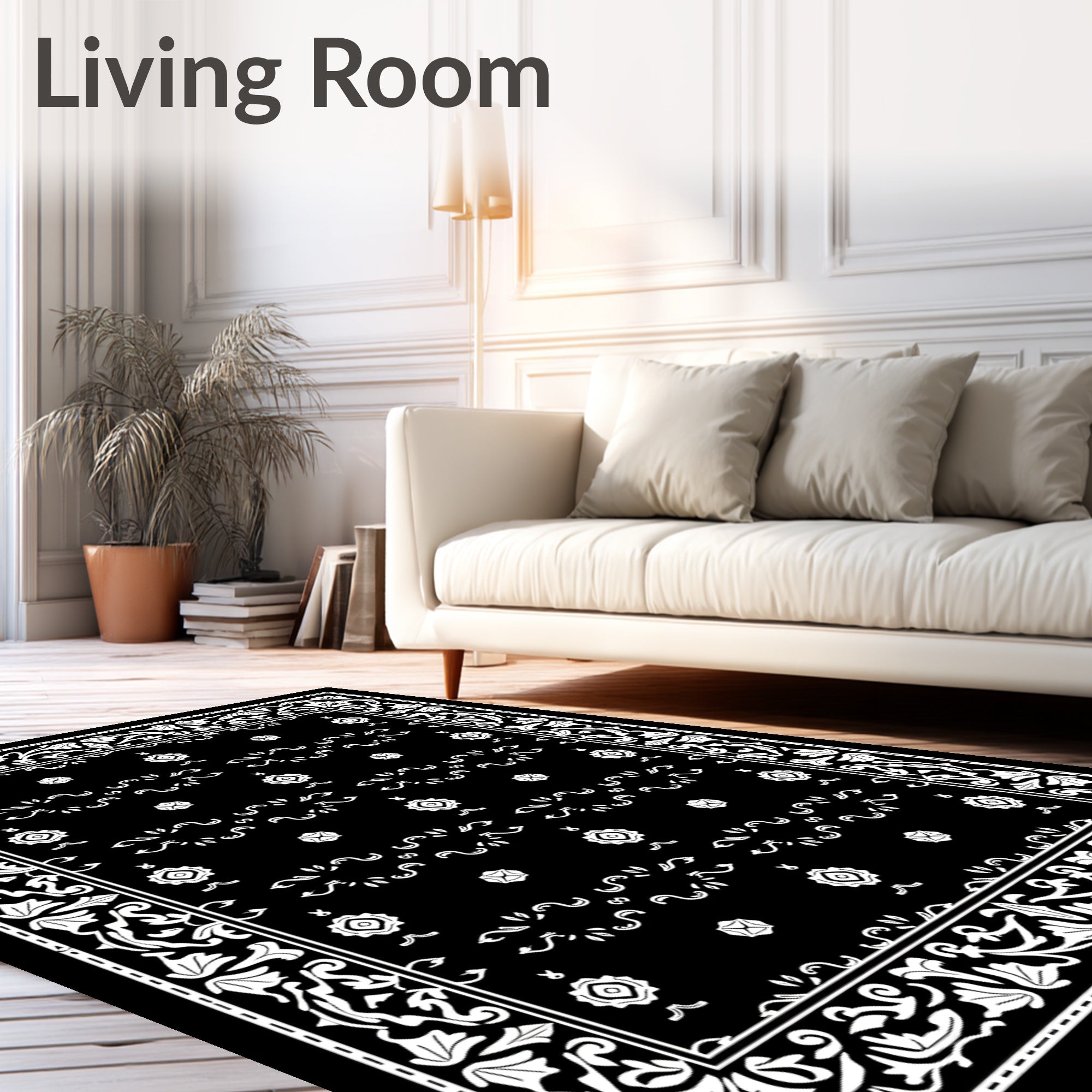 Black White Floral Scrolls Pattern Rug