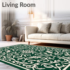 Elegant Floral Scrollwork Ivory On Green Rug