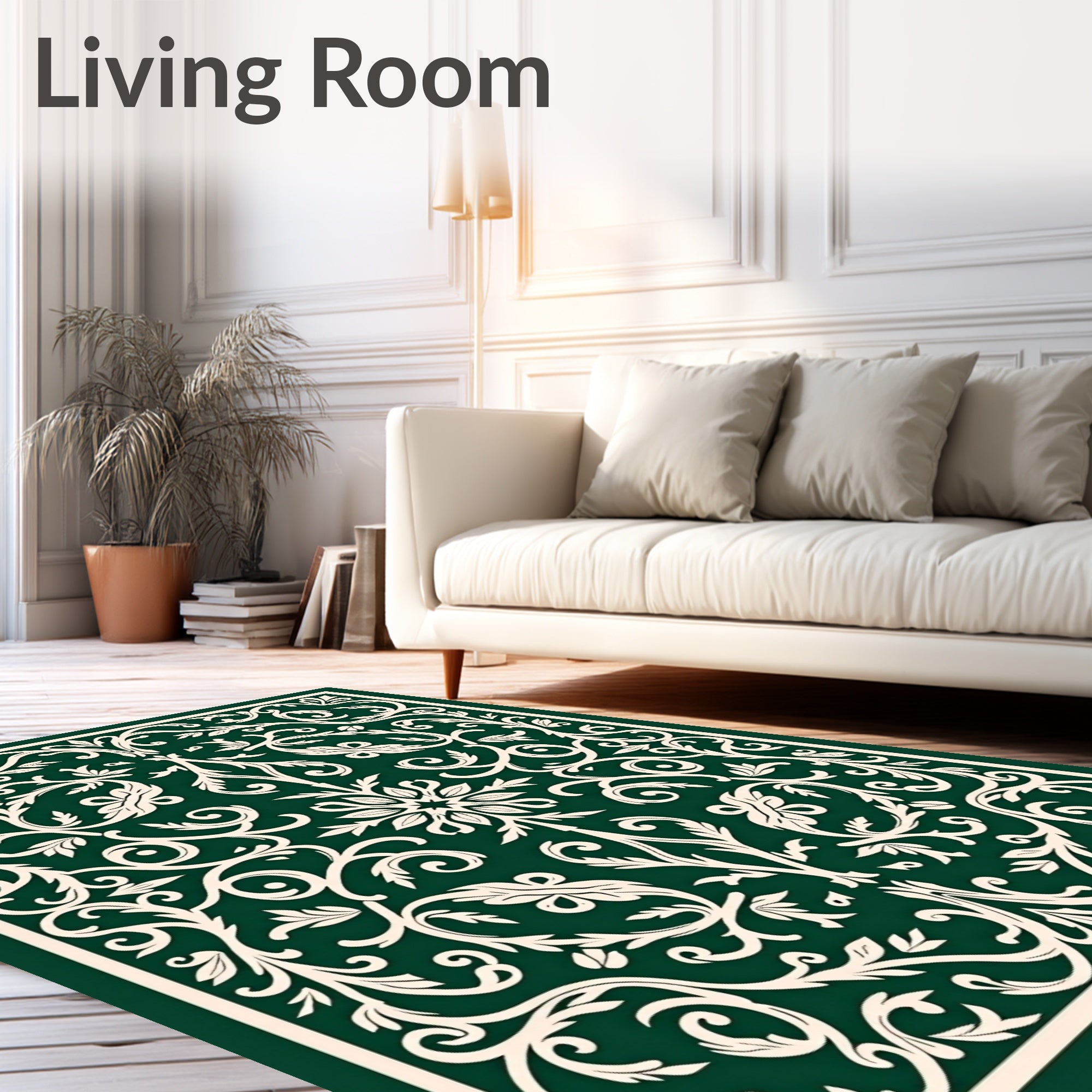 Elegant Floral Scrollwork Ivory On Green Rug