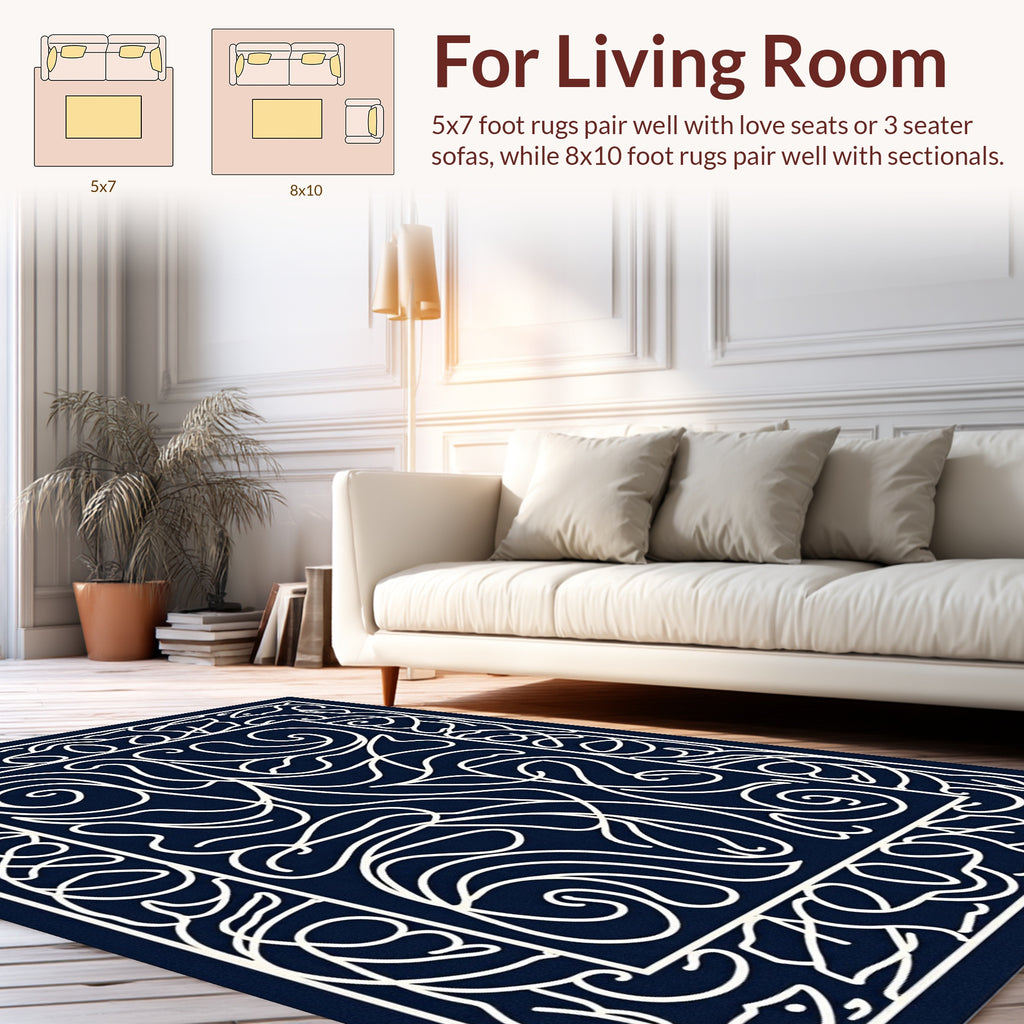 Elegant White Swirls on Navy Field Rug