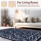 Elegant White Swirls on Navy Field Rug