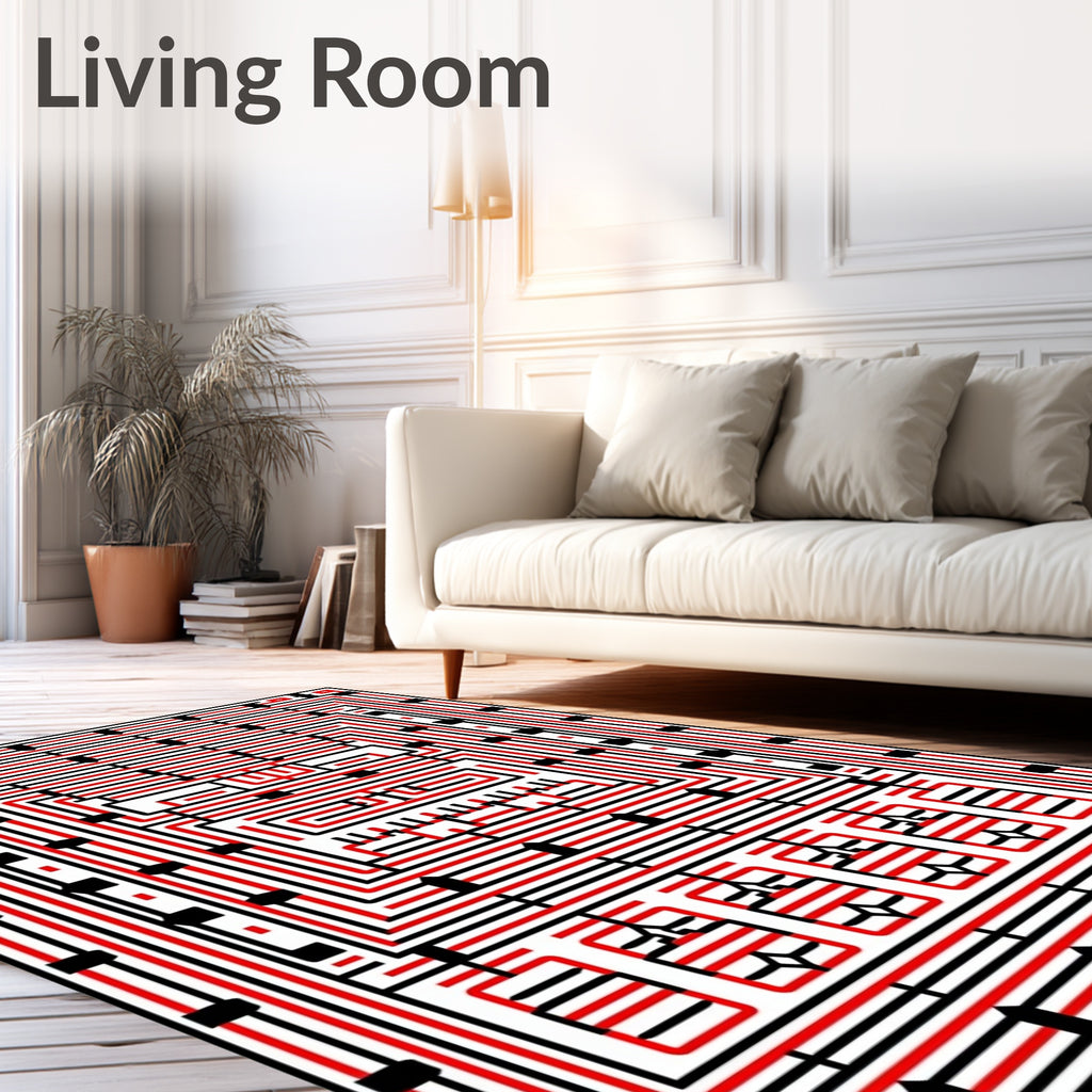 Bold Red Black Geometric Maze Rug