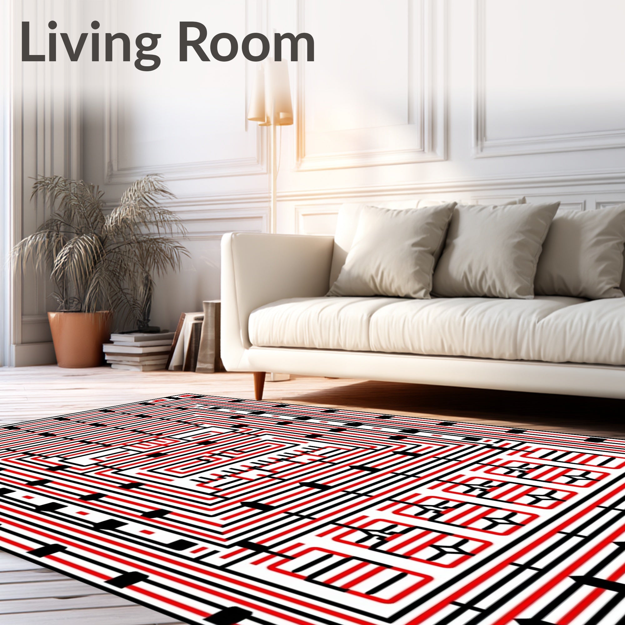 Bold Red Black Geometric Maze Rug