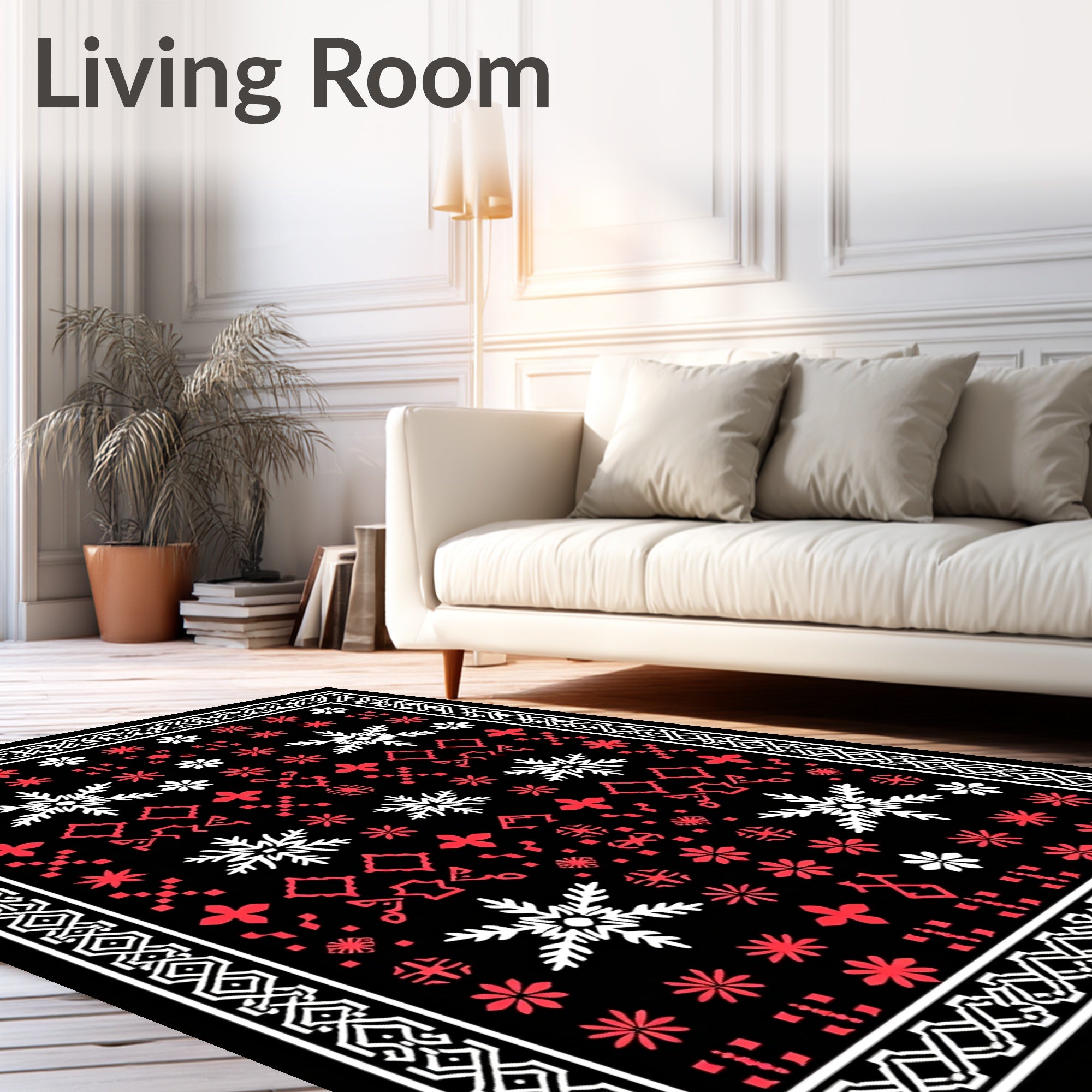 Black Red White Snowflake Pattern Rug