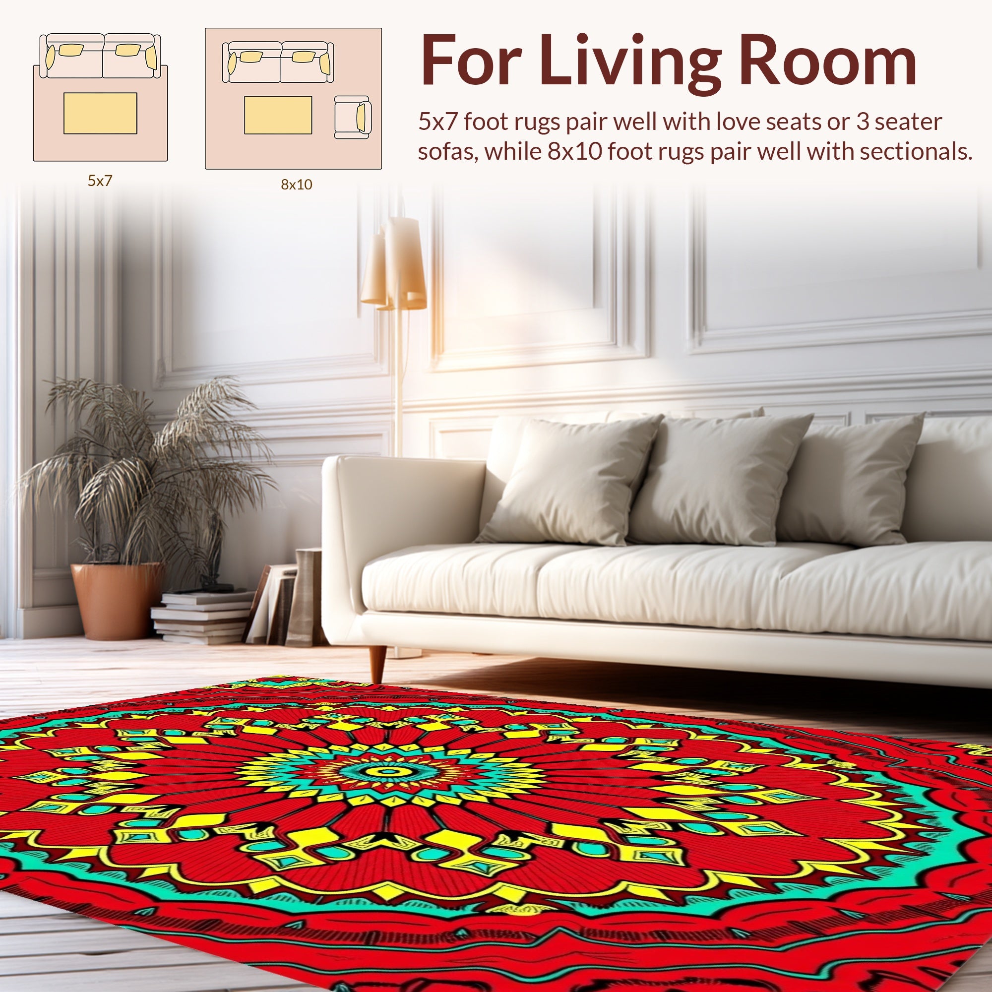 Vibrant Red Yellow Teal Mandala Rug