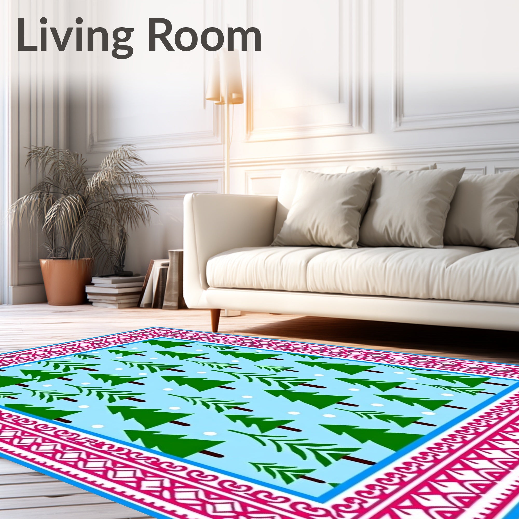 Light Blue Christmas Trees Bordered Rug