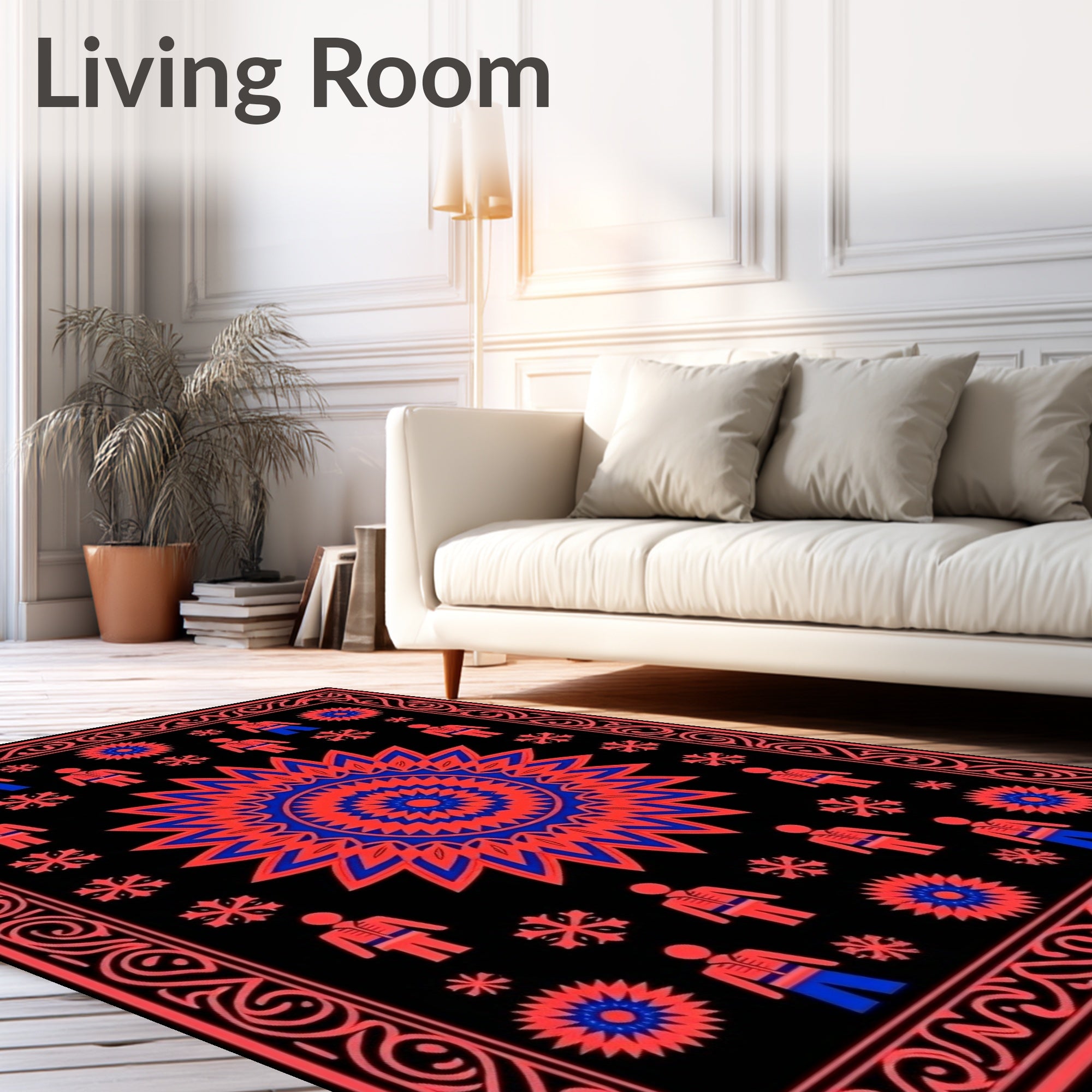 Red Blue Central Sun Figures Border Rug
