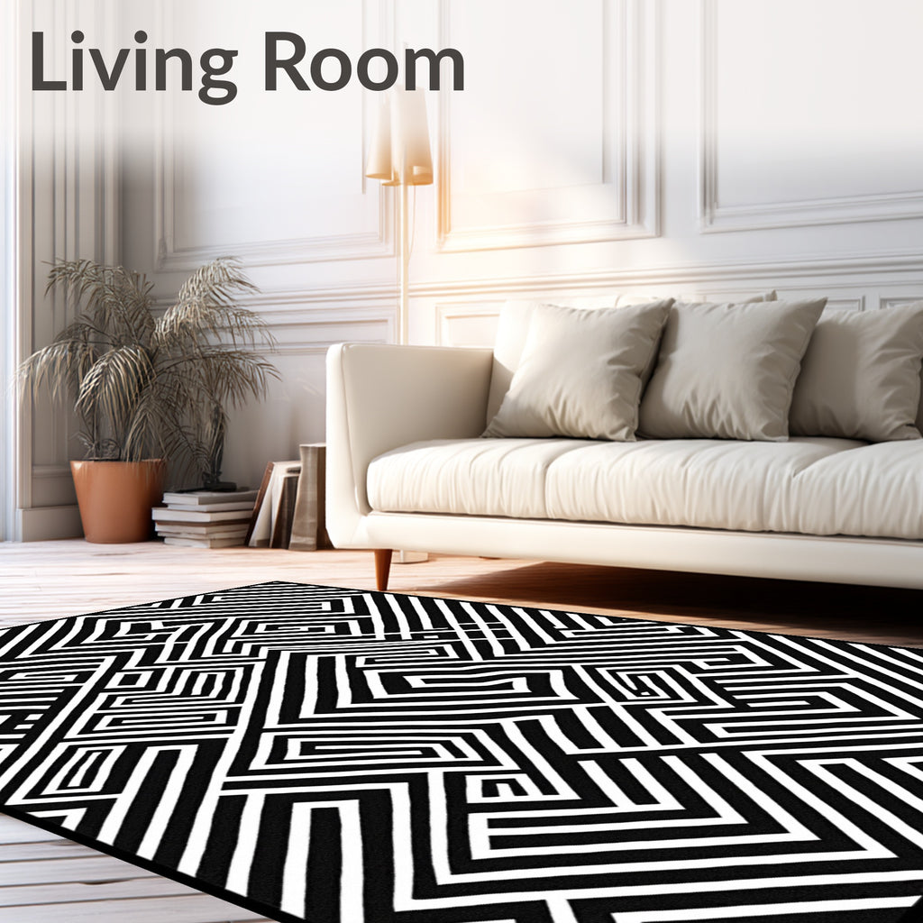 Abstract Black White Geometric Maze Rug