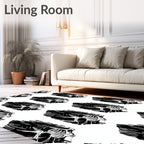 Bold Black White Woodblock Skull Pattern Rug