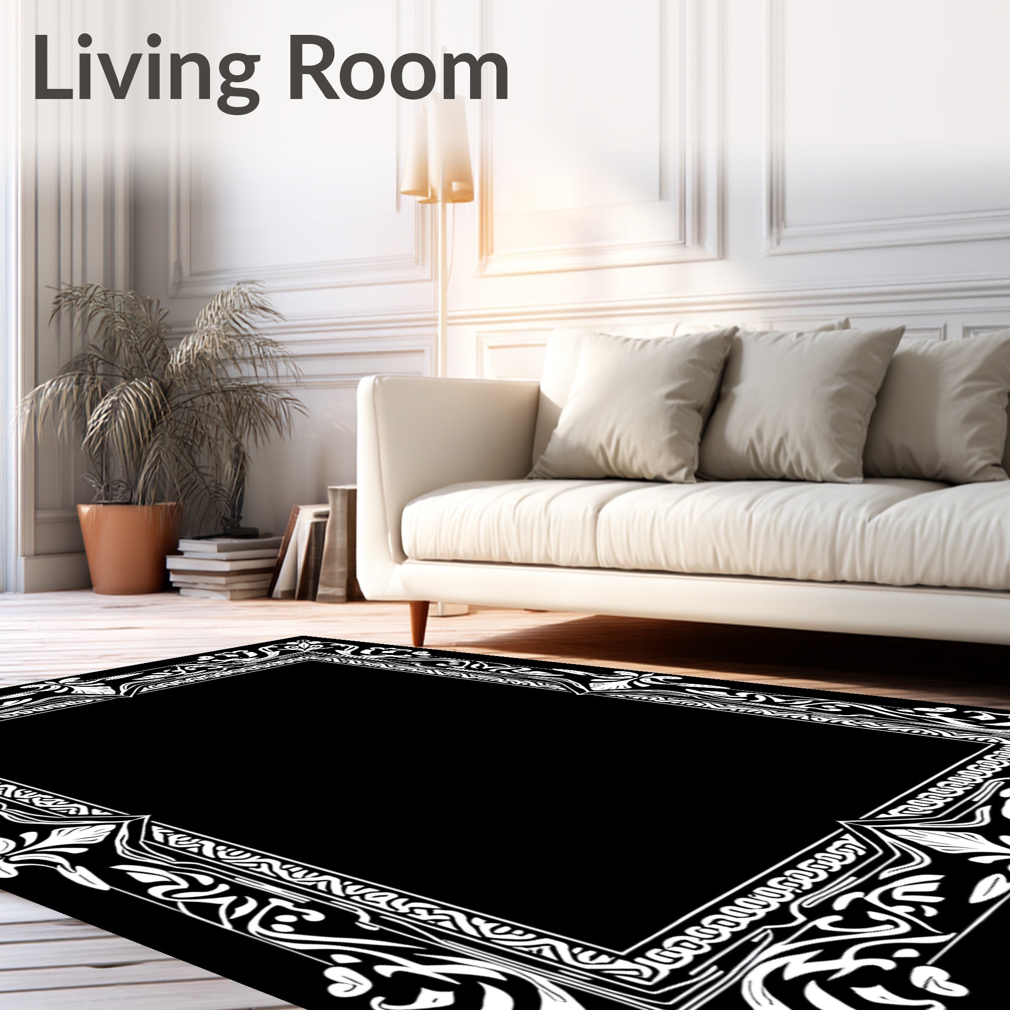 Ornate White Flowery Border Design Rug