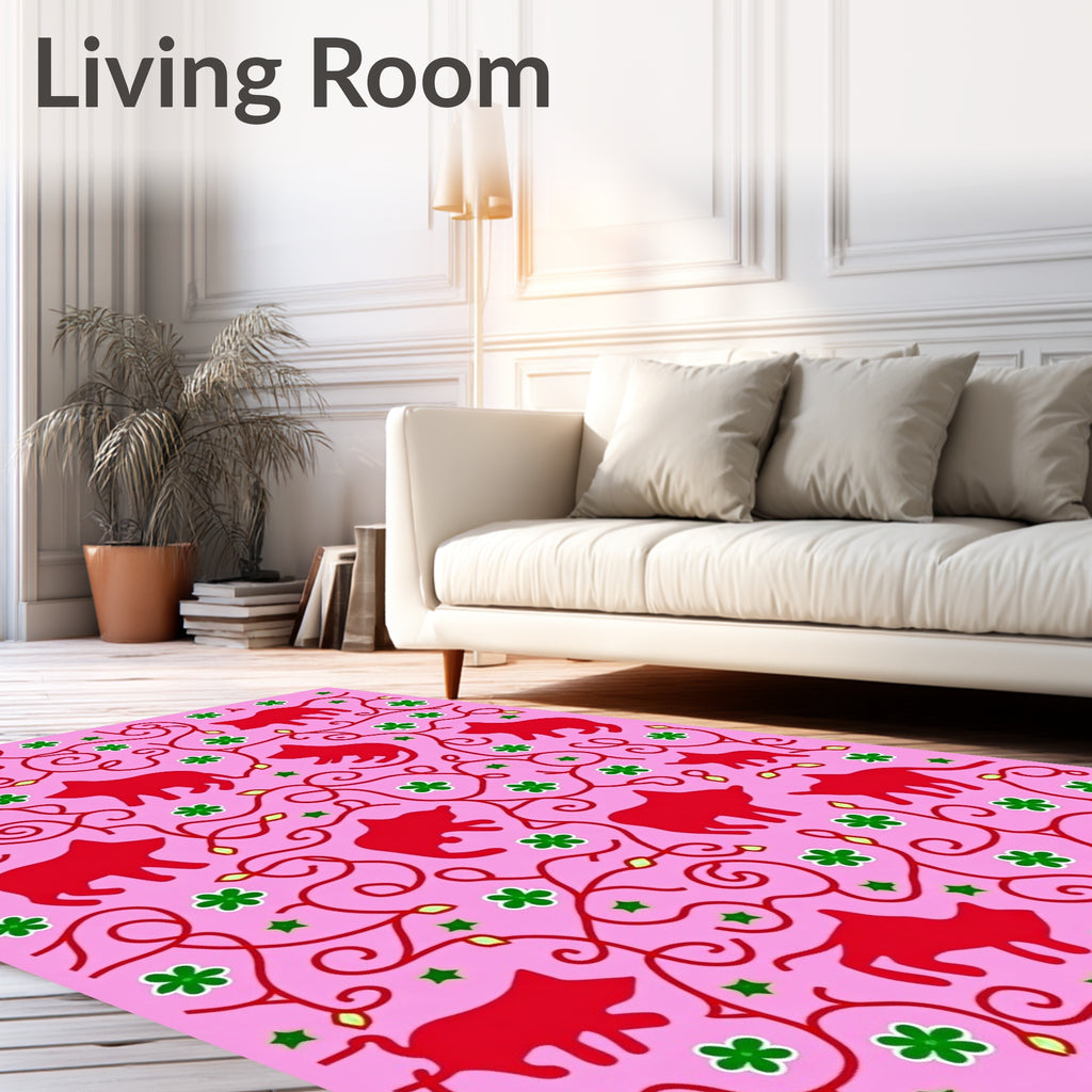 Playful Red Animal Floral Pattern Rug