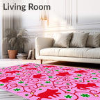 Playful Red Animal Floral Pattern Rug