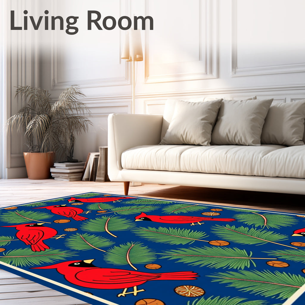 Bright Red Cardinals Pine Sprigs Pattern Rug
