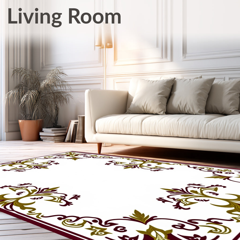 Plum Gold Leaf Scrollwork Frame Rug