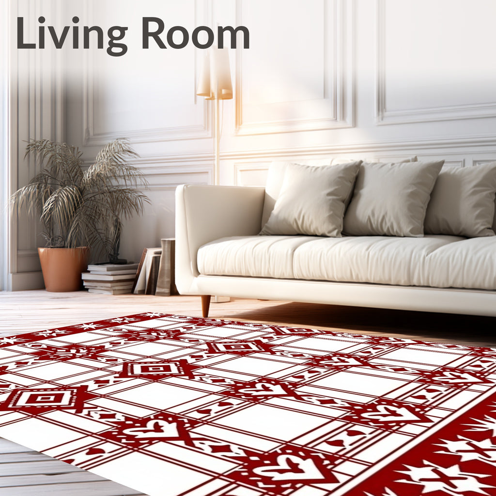 Crimson White Geometric Heart Pattern Rug