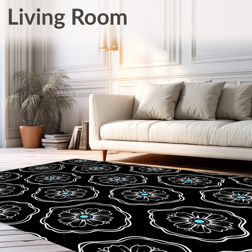 Black White Floral Blue Center Bloom Rug