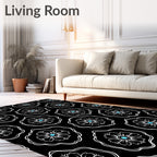 Black White Floral Blue Center Bloom Rug