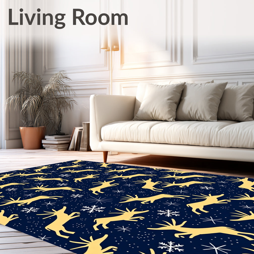 Golden Deer and Snowflakes Navy Background Rug