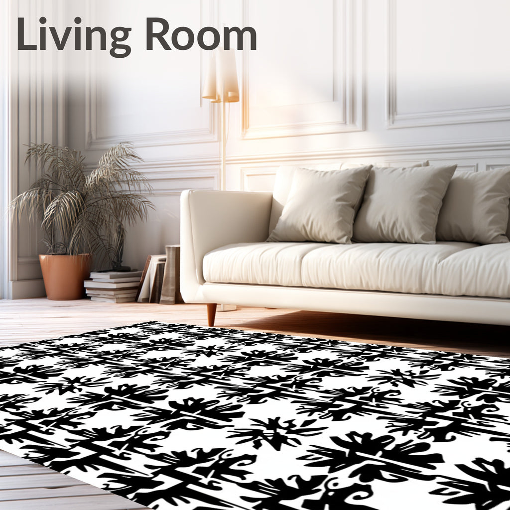 Black White Abstract Floral Tiling Rug