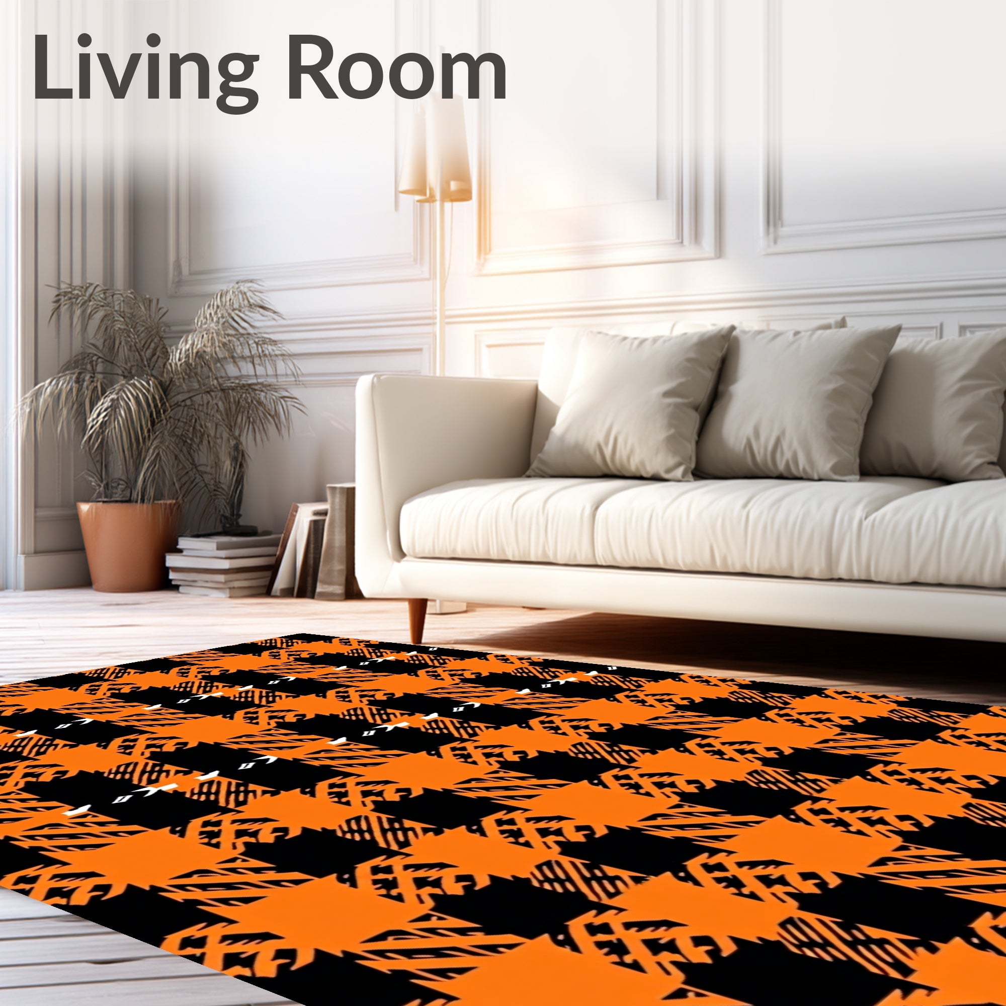 Bold Orange Black Plaid Geometric Design Rug