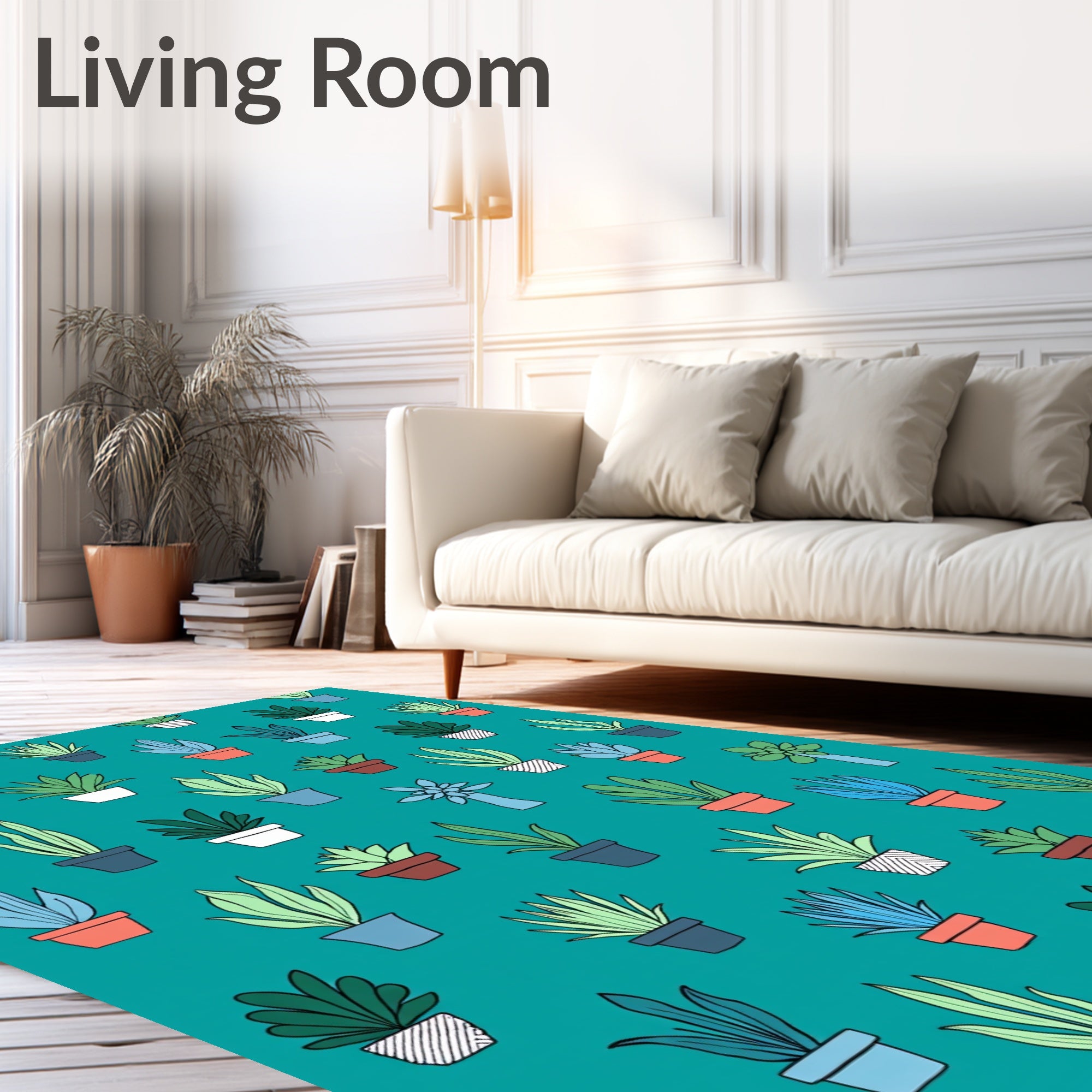 Potted Plant Patterned Teal Rug