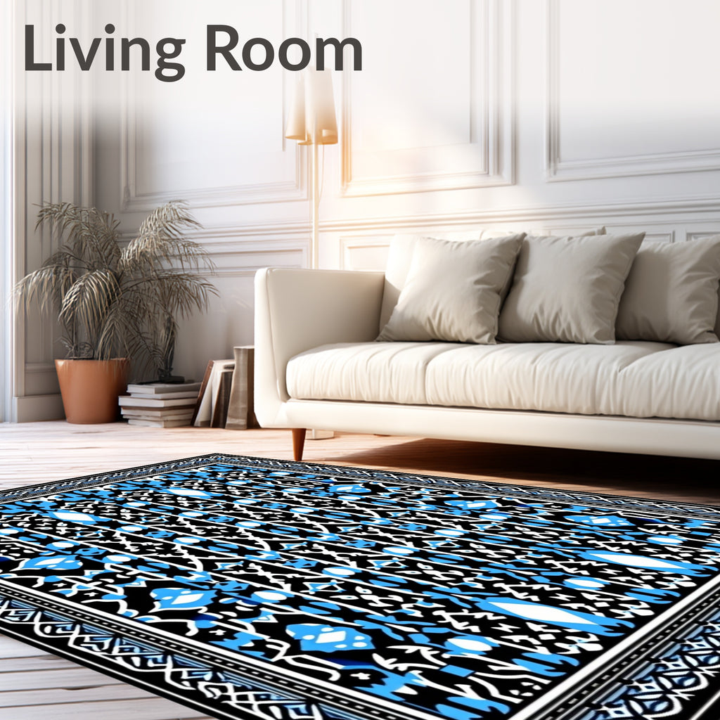 Blue White Black Abstract Geometric Design Rug