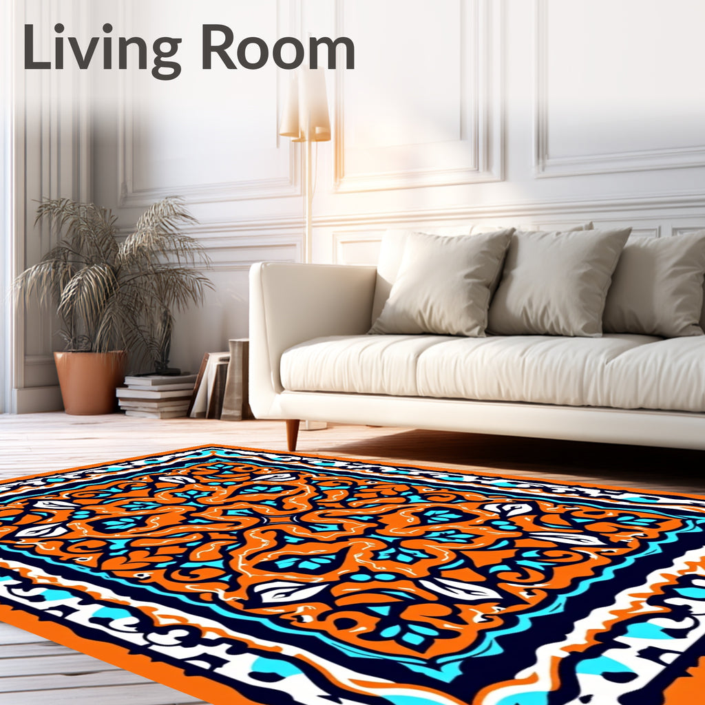 Vibrant Orange Teal Floral Medallion Rug