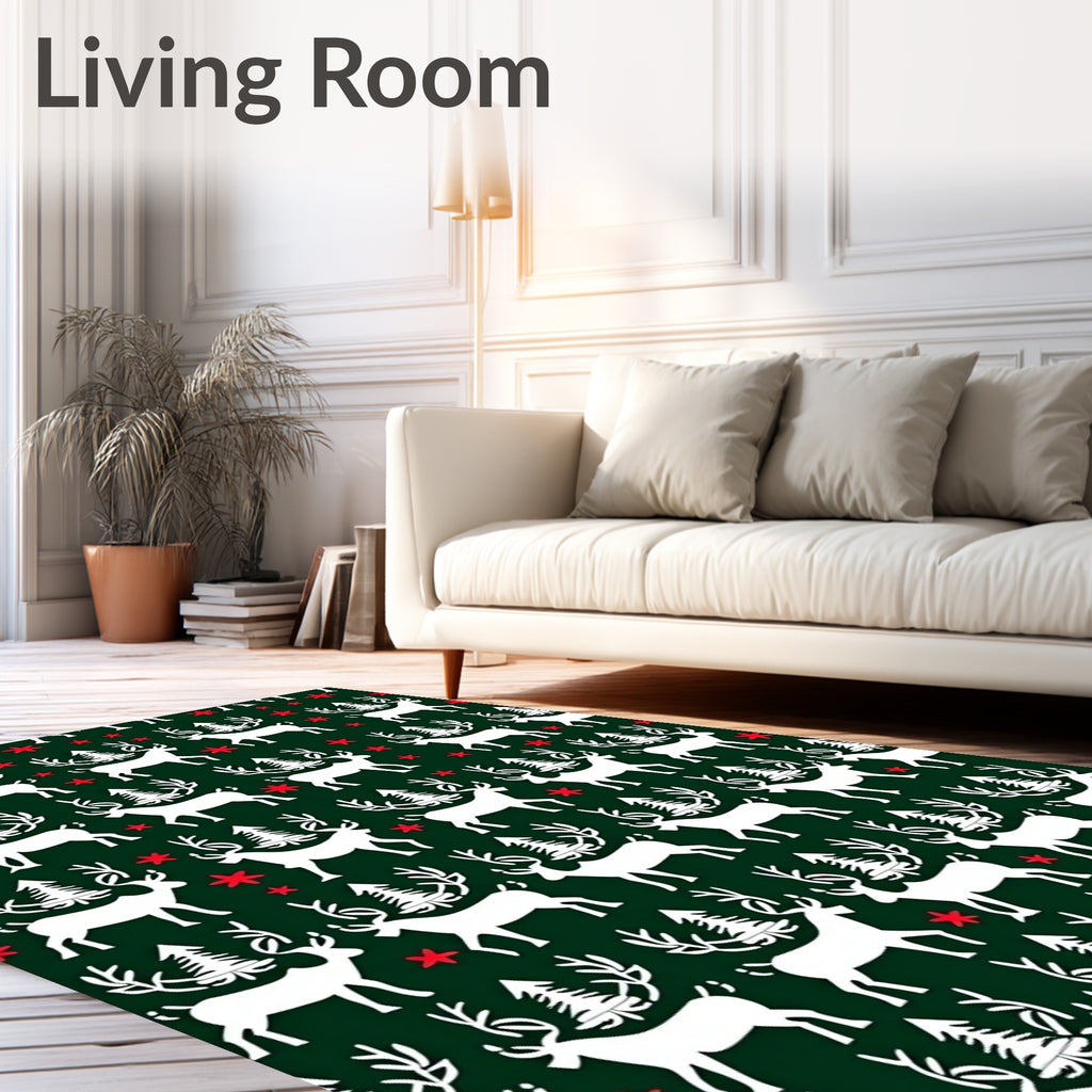 White Deer And Evergreen Forest Print Rug