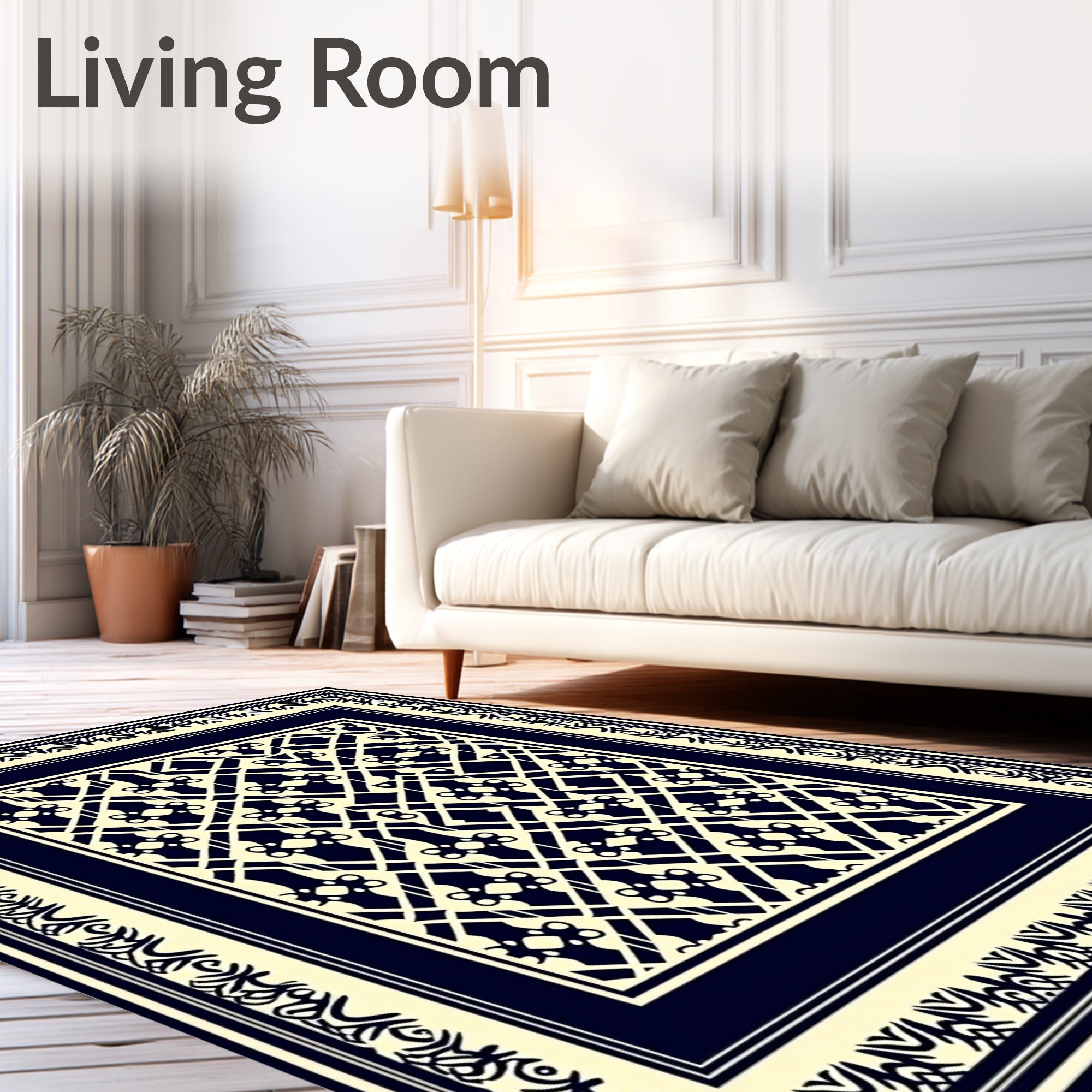 Intricate Geometric Bordered Cream Rug