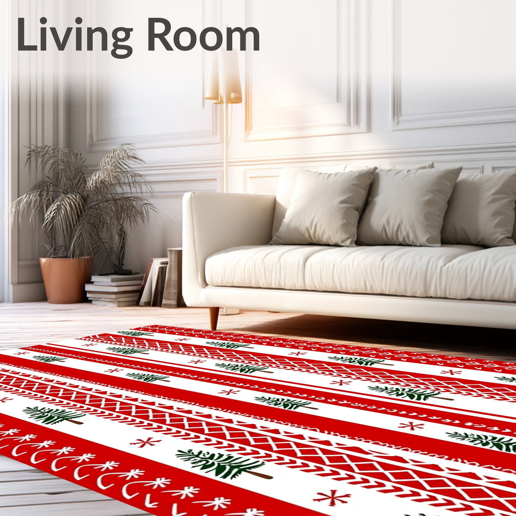 Red White Trees and Snowflakes Pattern Rug