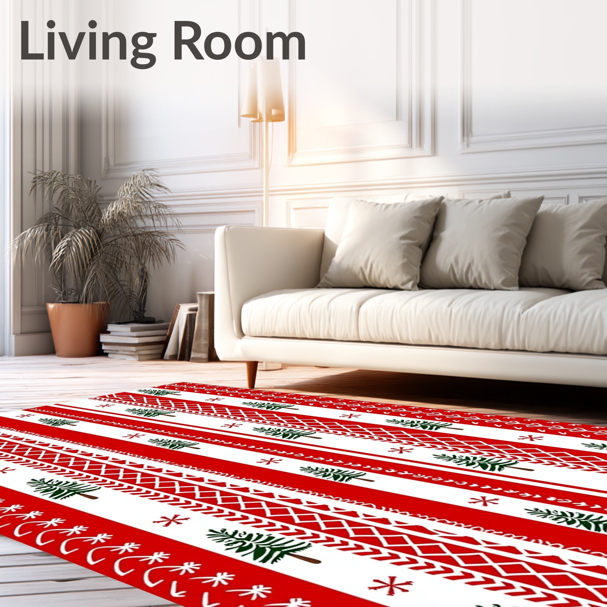 Red White Trees and Snowflakes Pattern Rug