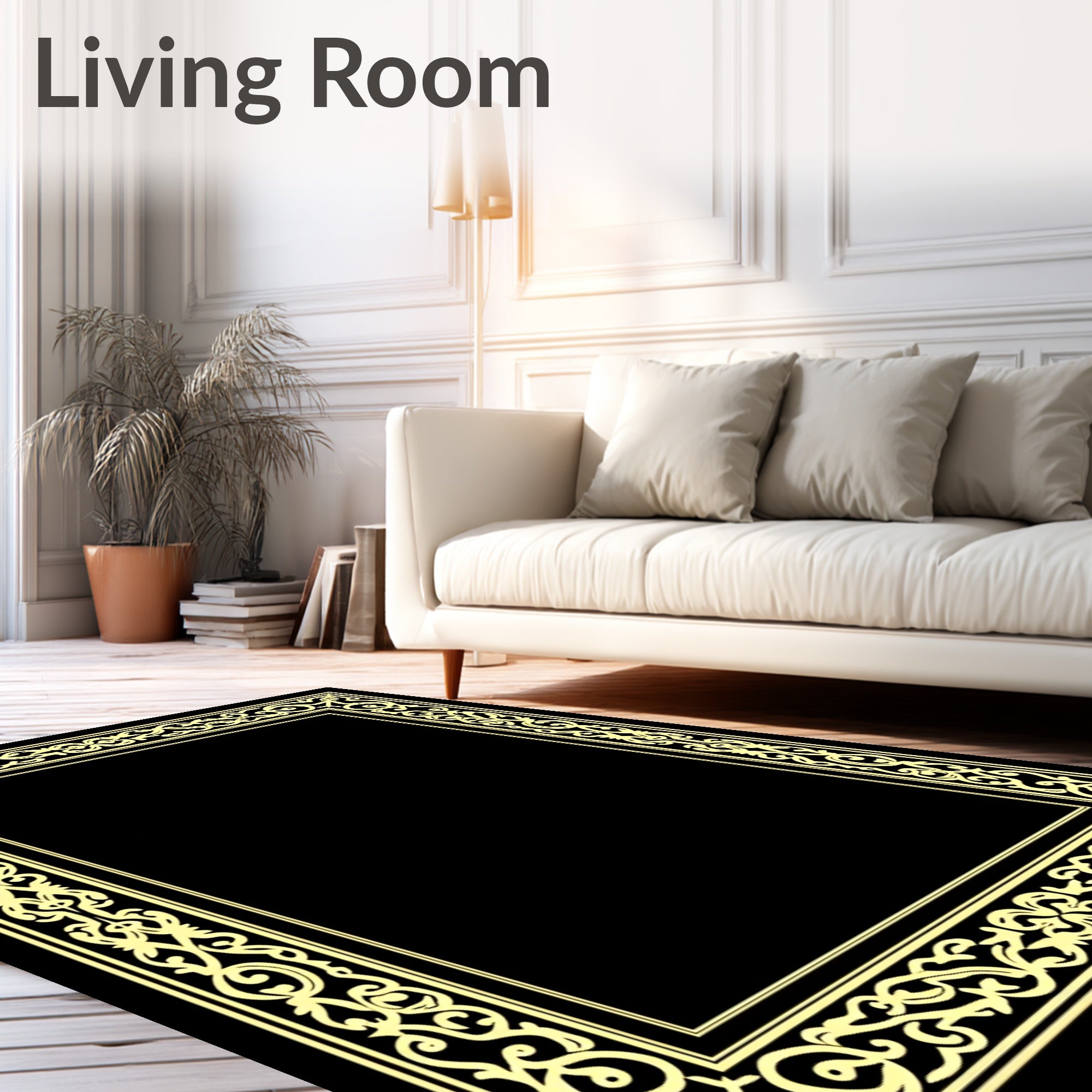 Ornate Yellow Scrollwork Border Design Rug
