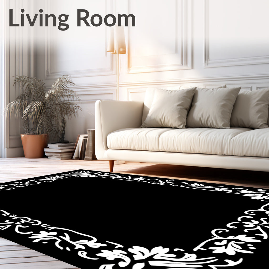 White Ornate Floral Border Design Rug