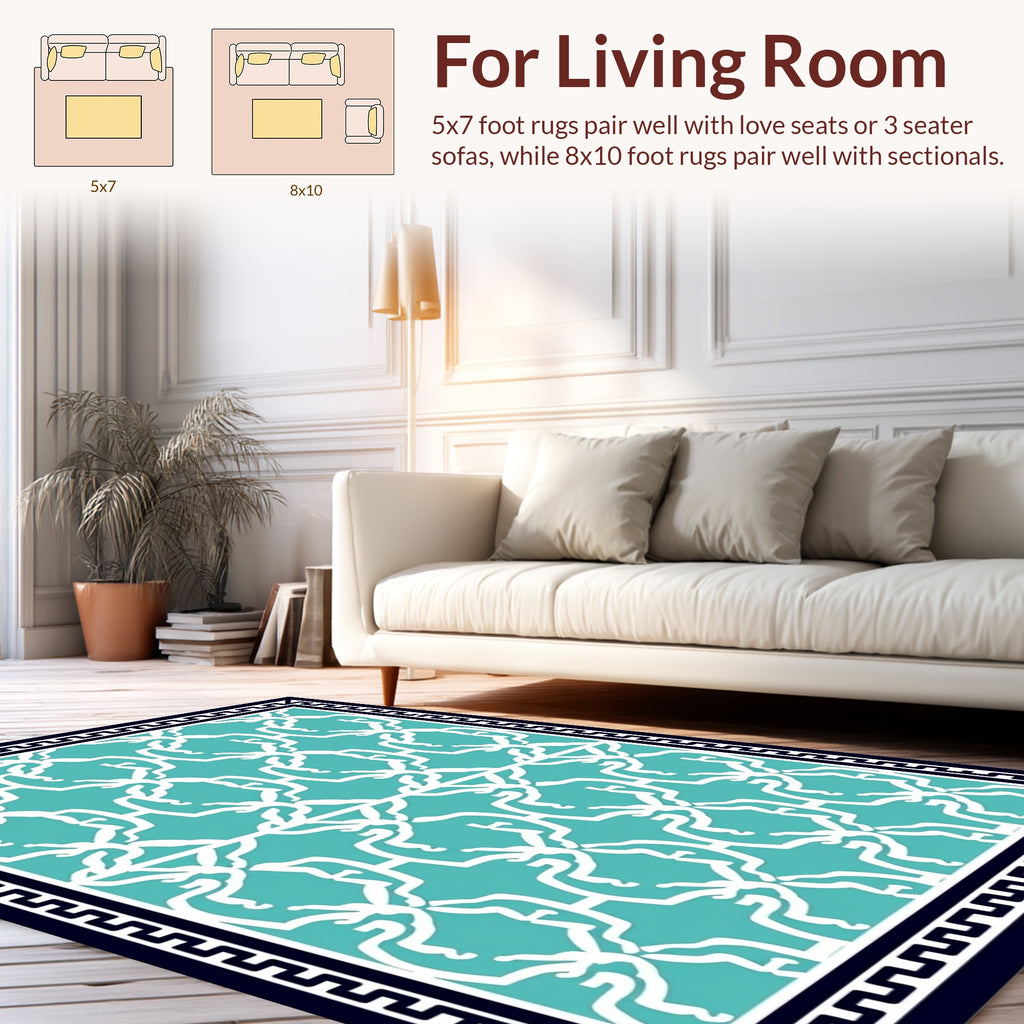 Modern White Teal Geometric Pattern Rug