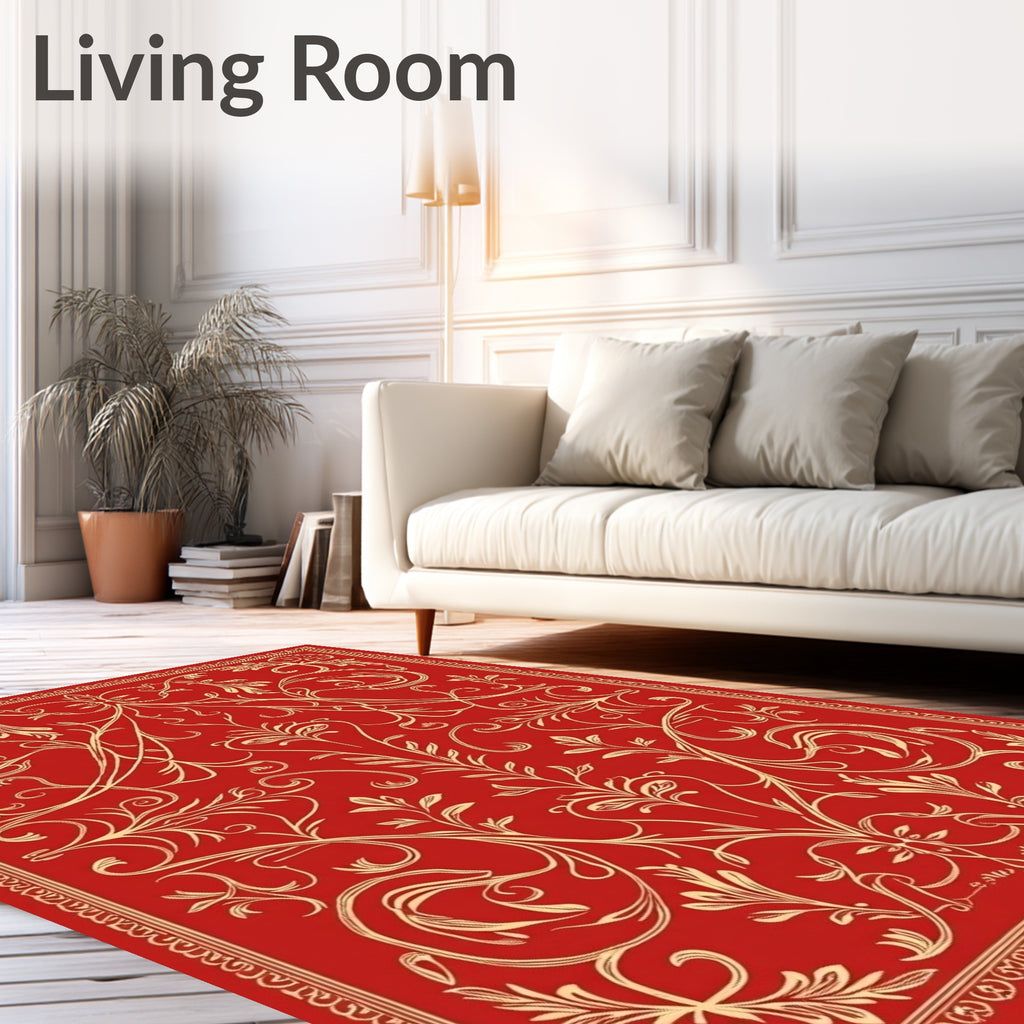 Red Cream Damask Vine Pattern Rug