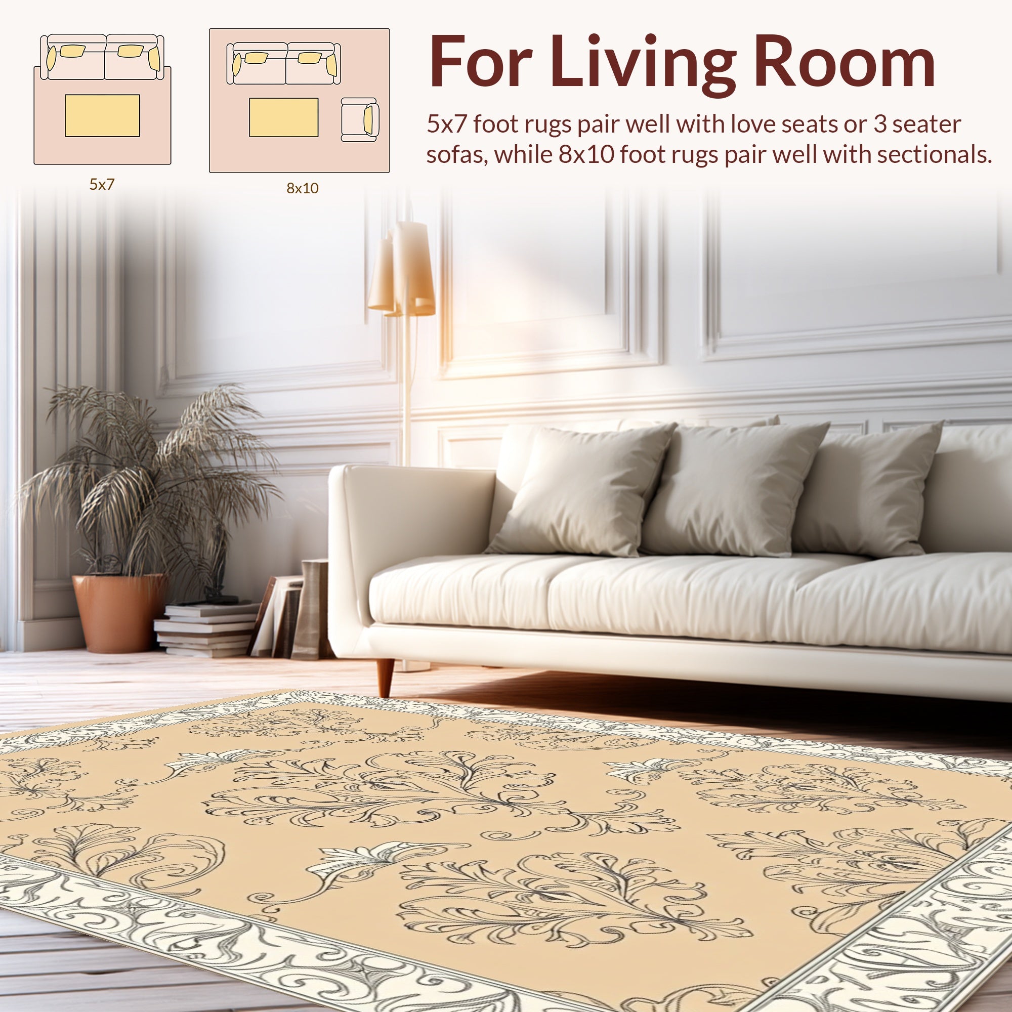Elegant Beige Damask Scroll Rug
