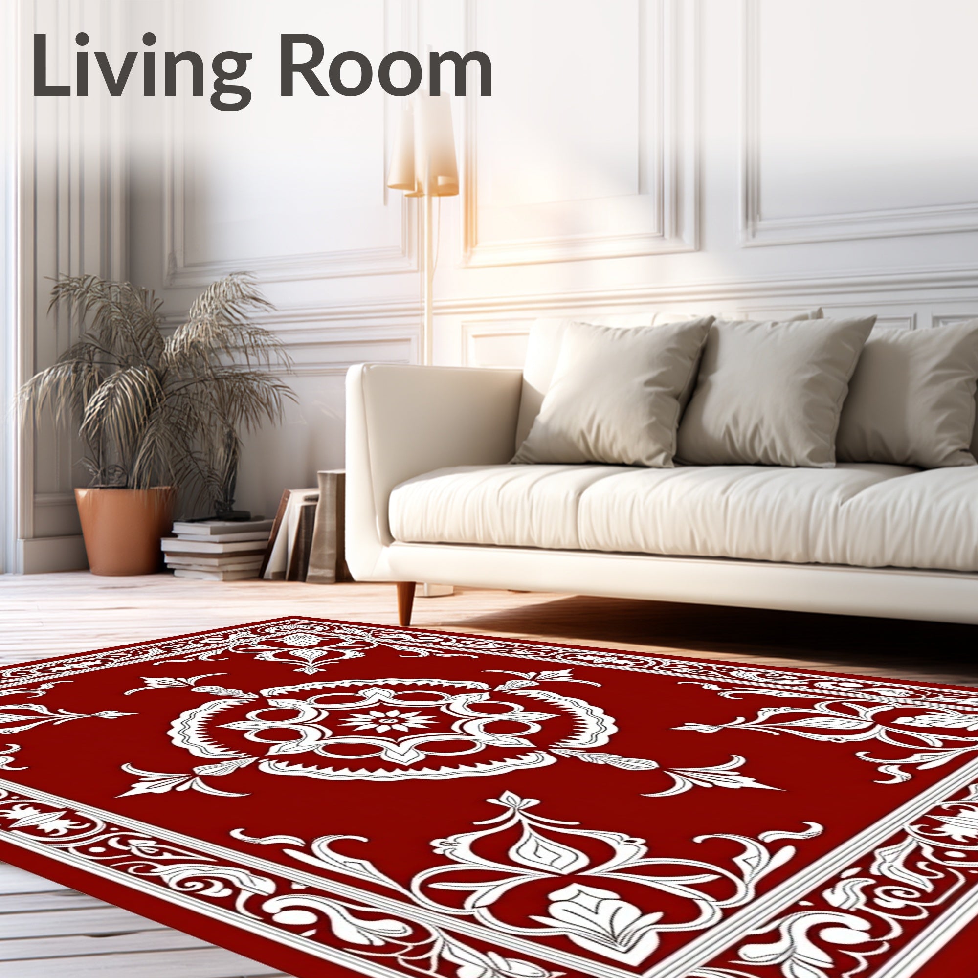 Regal Red and White Floral Frame Rug