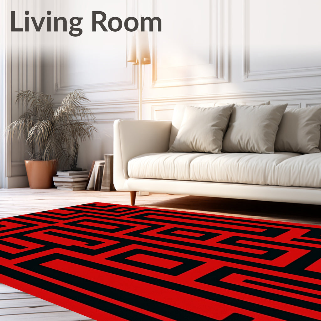 Geometric Maze Red Black Pattern Rug
