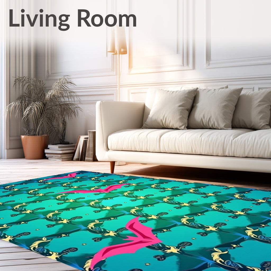 Pink Bat With Teal Geometric Pattern Rug