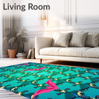 Pink Bat With Teal Geometric Pattern Rug