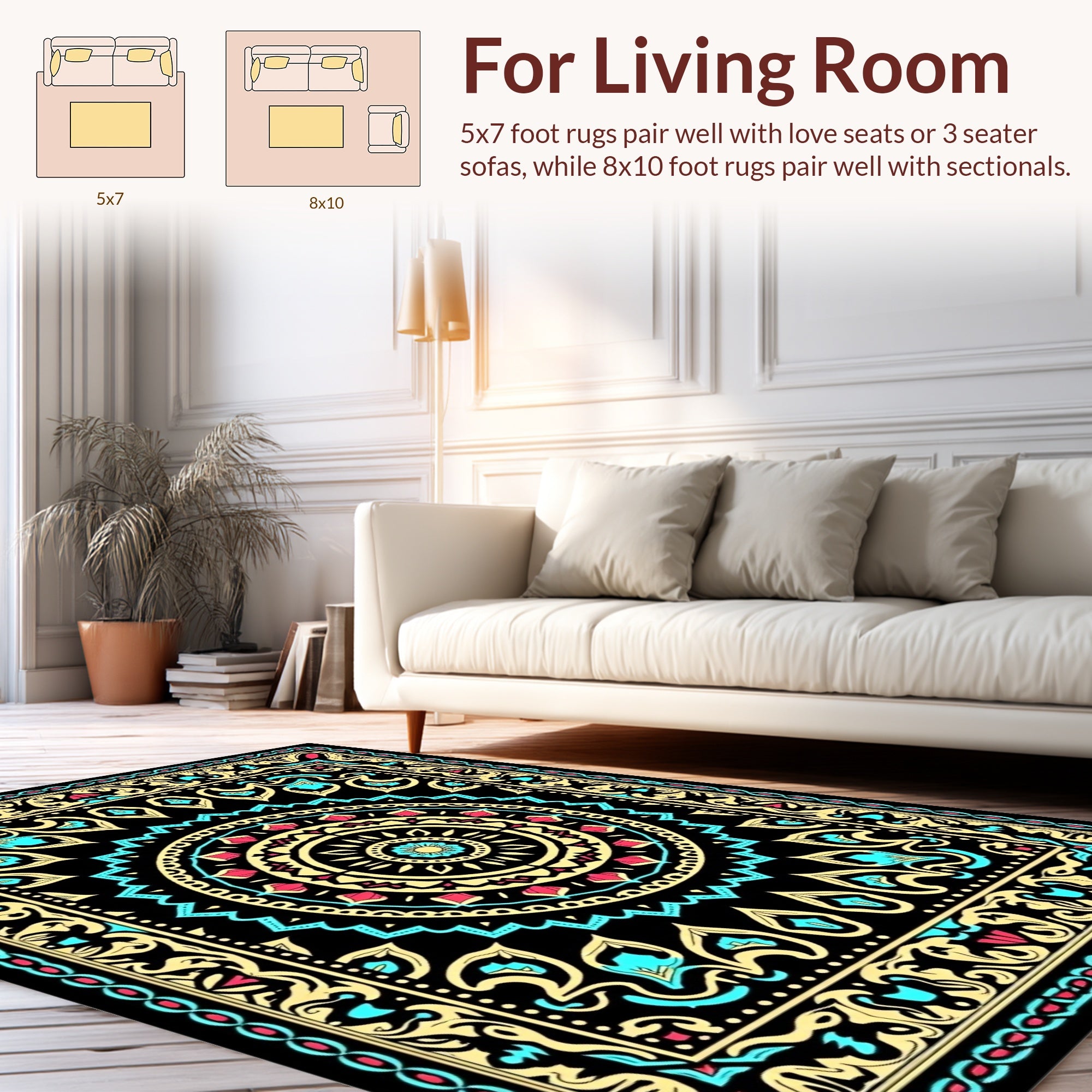 Ornate Black Mandala Floral Pattern Rug
