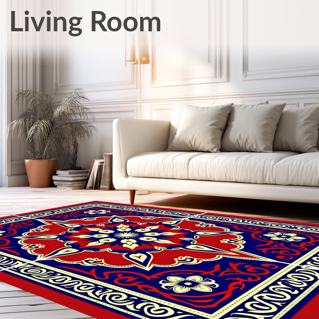 Bold Red Blue Floral Mandala Rug