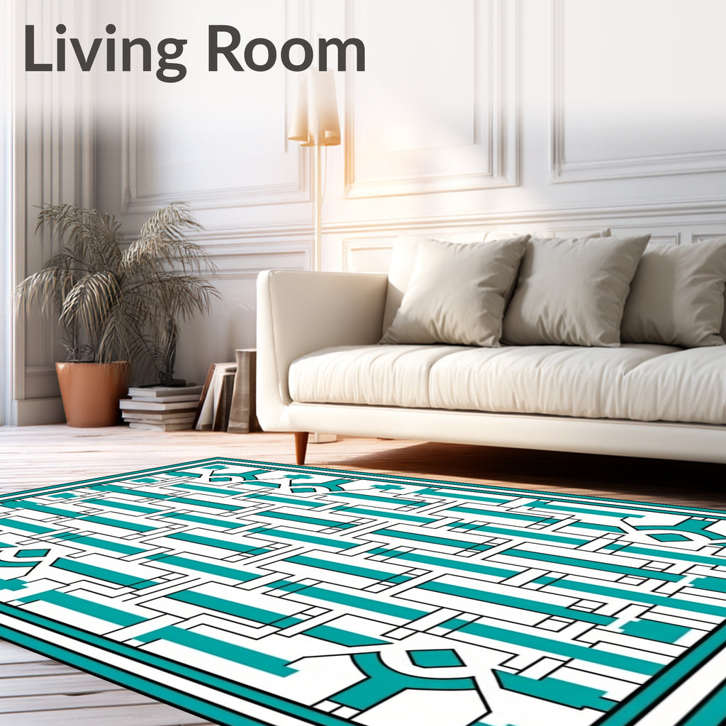 Teal White Geometric Lattice Rug
