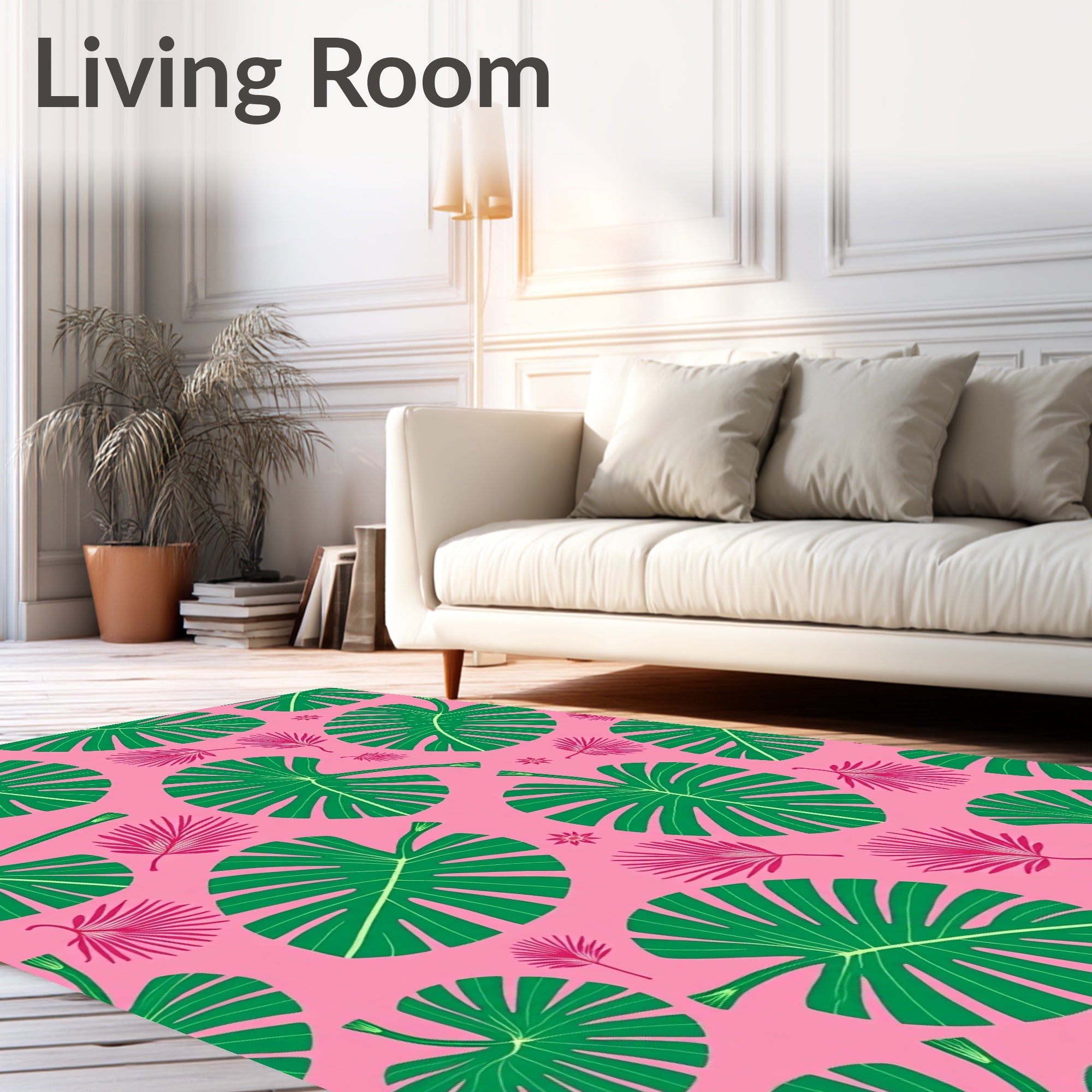 Vibrant Green Tropical Pink Leaves Rug